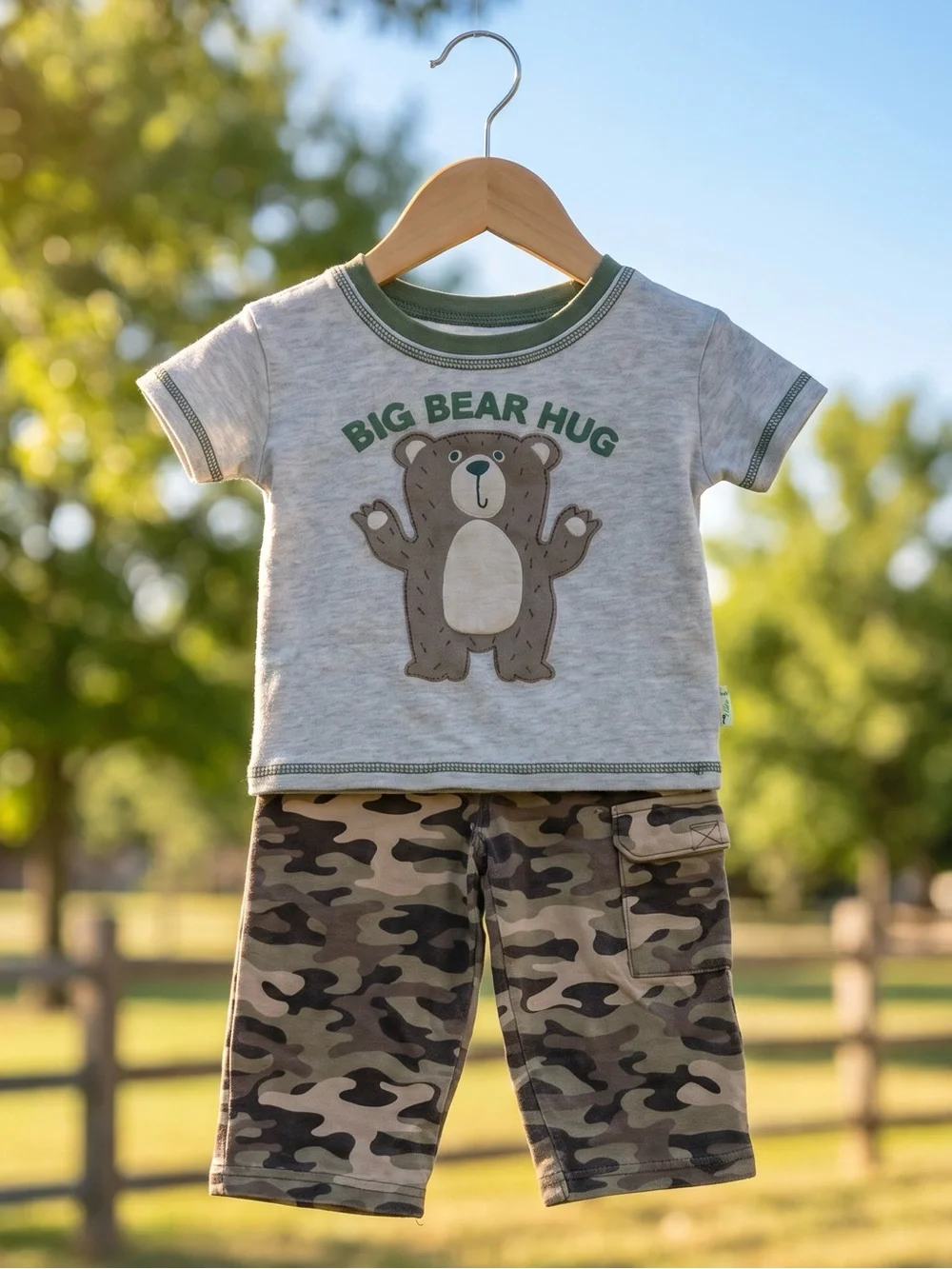 Kids 'Big Bear Hug' Gray Tee & Camo pants  Pajama Set